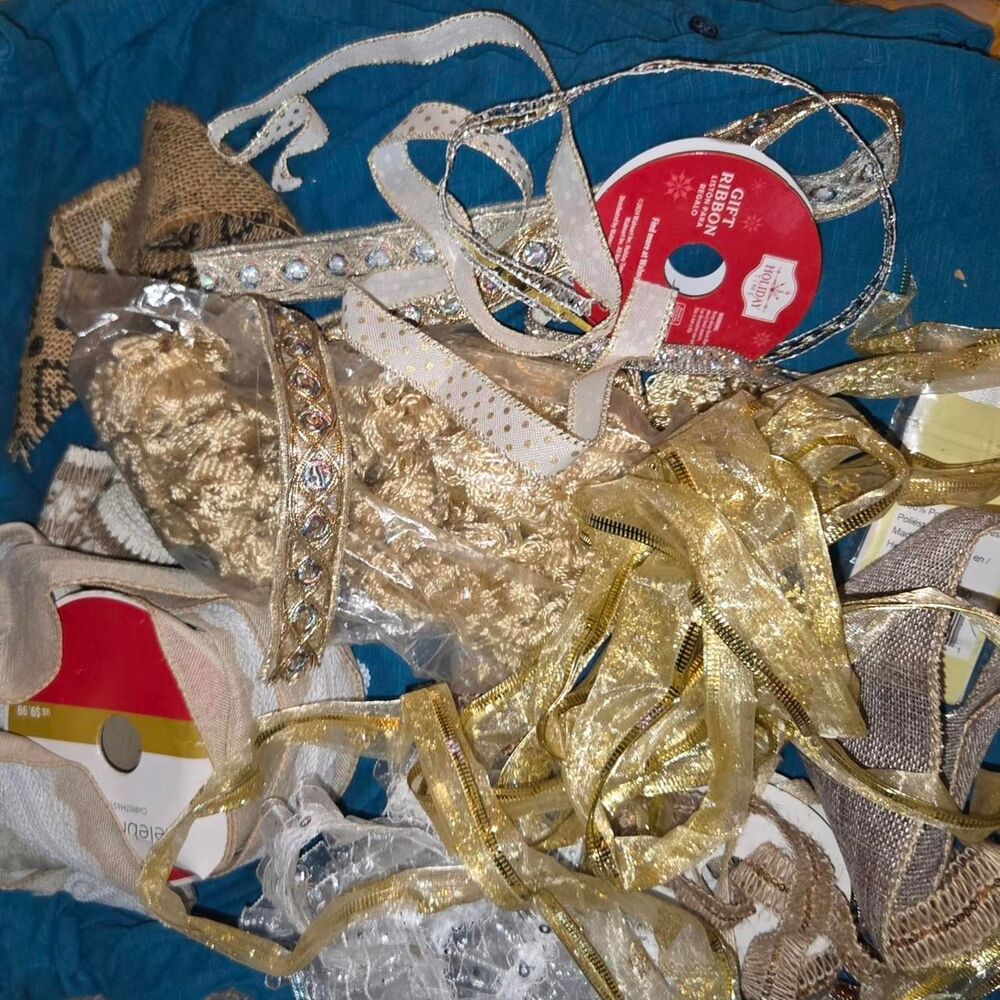 Vintage & Glam Metallic Ribbon Lot – Gold Trim, Burlap, Sequins Craft supplies